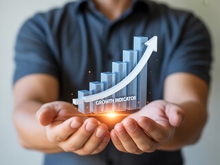 Upward trending financial bar chart with arrow and glowing light held in hands business growth