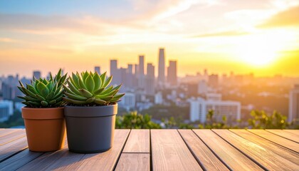 Two succulent plants in pots on a wooden table with a city skyline during sunset