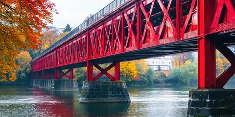A vibrant steel bridge painted bright red over a river