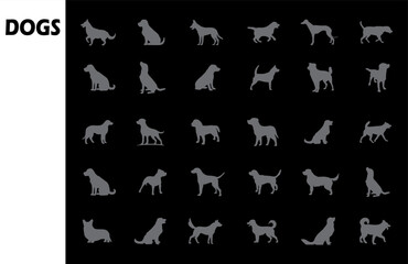 Dog silhouette collection. grey sketch. animal hand drawn art.