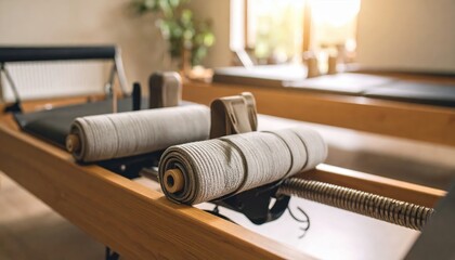 Pilates reformer equipment in a sunlit studio, showcasing a serene environment for fitness training