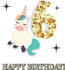 Unicorn Happy 6th Birthday Greeting Card with Gold Glitter Number