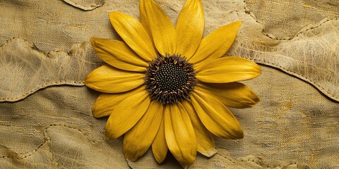 A vibrant yellow bloom centered on a textured leather patch sewn into neutral fabric