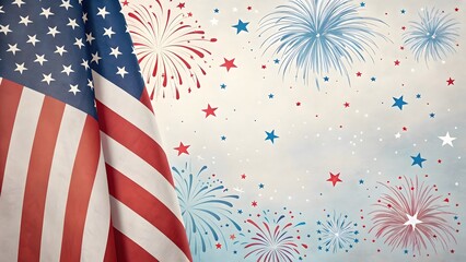Patriotic American Flag with Fireworks and Stars Background