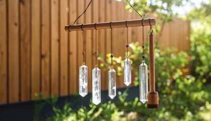 Crystal wind chimes hanging in a serene garden, surrounded by lush greenery and wooden fence
