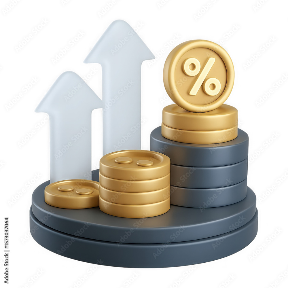 Poster 3d rendering of stacked gold coins and upward arrows symbolizing financial growth and success isolat