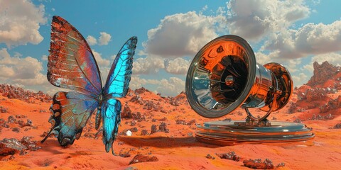 A multicolored butterfly encased in glass next to a futuristic gramophone in a red-orange desert