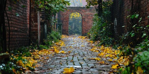 A mystery waits at the end of the alley, shrouded by leaves and brick