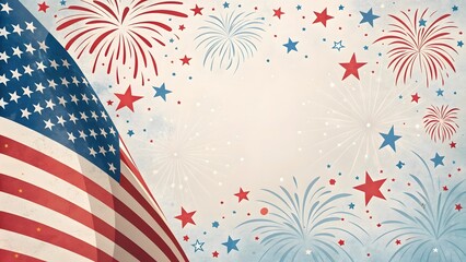Patriotic Fourth of July Background with Fireworks and American Flag