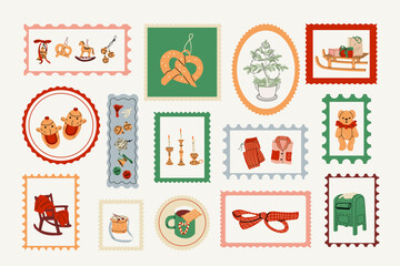 Merry Christmas and New Year retro post stamps sticker set Collection cute vintage illustrations with winter holiday items	