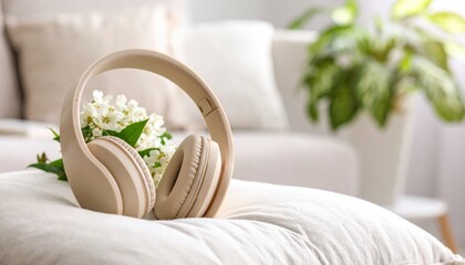 Stylish beige headphones resting on a cozy couch with greenery in the background, evoking relaxation