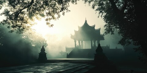 A mystical fog enveloping a sacred temple