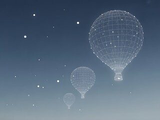 Wireframe hot air balloons floating in a clear sky with scattered white dots digital art technology