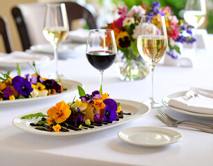 Elegant Plated Dessert with Edible Flowers and Chocolate Sauce.dining, elegant, image, professional, purple, light, photo, plate, refined, white, brown background, cafes, creamy, culinary, eatery, 