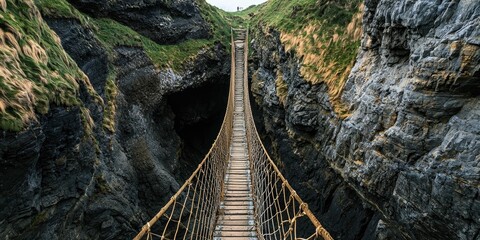 A narrow rope bridge hanging between two cliffs
