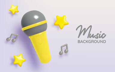 3D Yellow Microphone with Music Notes and Stars on a Pastel Background