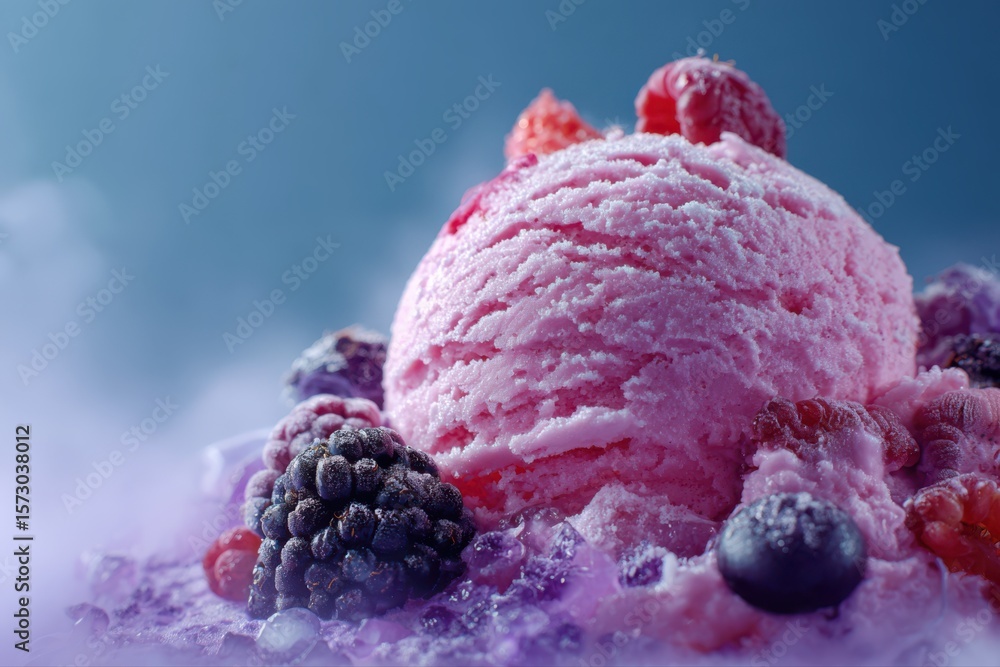 Poster a top view of a scoop of delicious ice cream topped with fresh berries and blueberries, creating a c