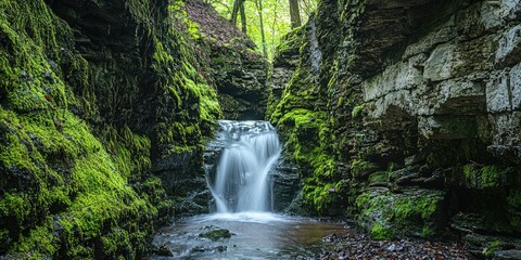 A narrow waterfall cascading between mossy stone walls