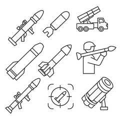 Rocket and Missile Launcher Icons Set – Military Weapons Outline Vector Illustration