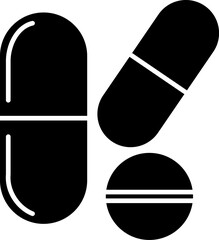 Flat filled medicine pill and capsule icon set in black silhouette style, vector EPS 10 format. Represents pharmaceutical drugs, vitamins, or supplements used in healthcare apps, packaging and medical