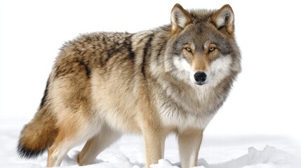 Majestic brown wolf standing proudly in snowy landscape showcasing its strength and beauty against a white background