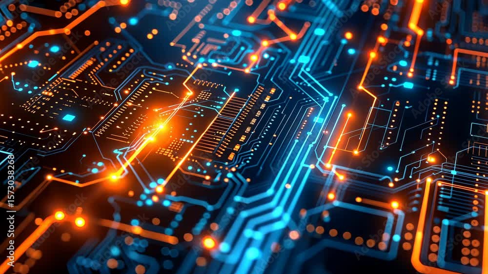 Poster orange and blue technology background featuring an intricate circuit board with flowing code