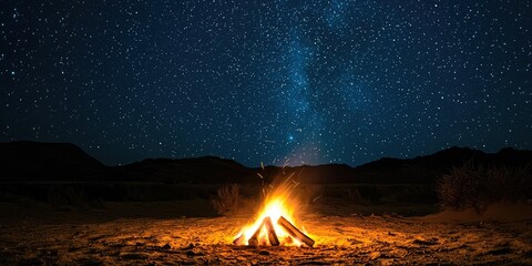 A night sky full of stars above a glowing campfire in the desert