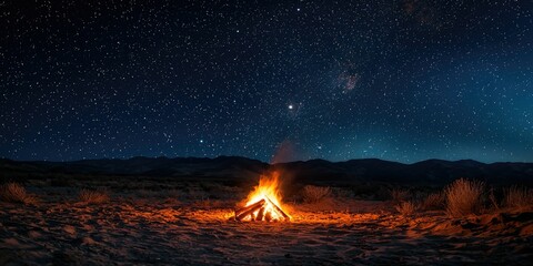 A night sky full of stars above a glowing campfire in the desert