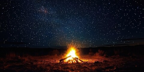 A night sky full of stars above a glowing campfire in the desert