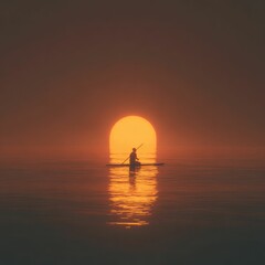 A paddleboarder drifting into the glowing horizon--a --v 7 Job ID: 459a53fa-f17d-4a58-bb52-2e75c4d35777
