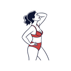 Retro Woman in Red Bikini, Confident Pose, Line Art Style