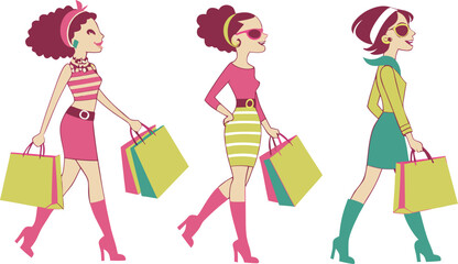 Shopping Girls. a stylish vector illustration of three fashionable young women shopping. Each woman should have a distinct outfit and pose, holding multiple colorful shopping bags.