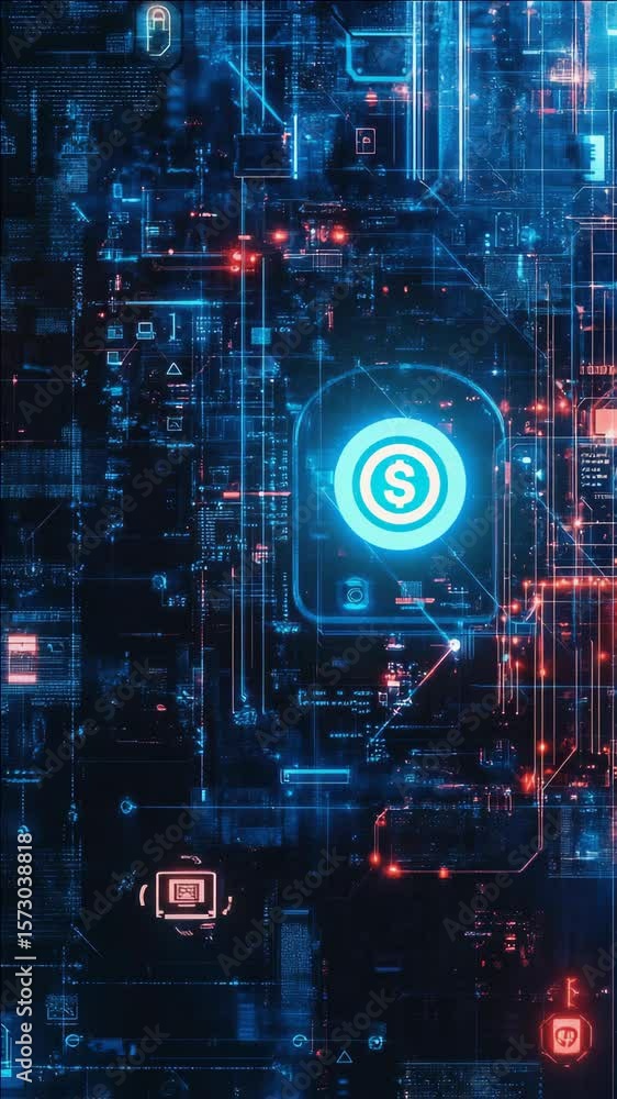 Poster a digital cyberpunk scene with advanced technology and a blue circuit board symbolizing artificial i