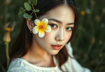 Naklejka premium Serenely beautiful woman with flower-obscured eye in natural setting
