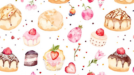 Watercolor Sweet desserts pattern on white background