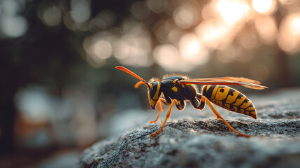 Yellow Jacket Wasp Close Up On A Rock At Sunset