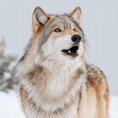 Obraz premium Majestic wolf howling against a stark white background in the snow capturing the spirit of wilderness and nature