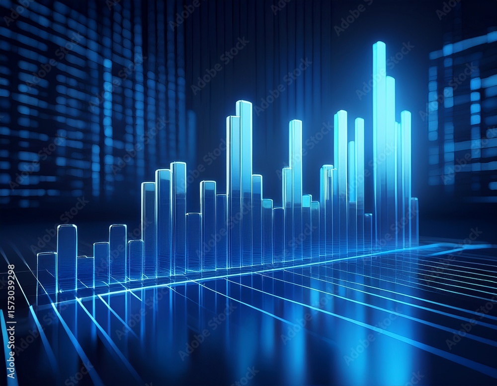 Poster sleek 3d graph of blue bars with reflective surface and scale