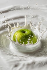Green Apple Splashing into Creamy Milk: Vibrant Food Photography