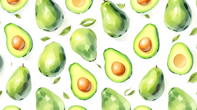 Watercolor background pattern avocado on white background	