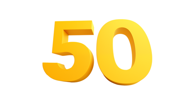 A vibrant yellow three dimensional number fifty against a black background