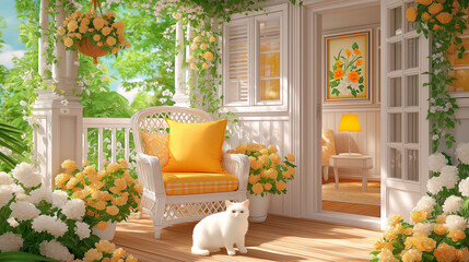 Cozy sunroom porch with white cushioned banquette seating, decorative pillows in neutral tones, oversized basket weave pendant lamp, tiered hanging planters with ivy.