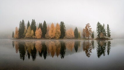 Obraz premium Serene Forest Reflected in Calm Lake During Autumn Morning