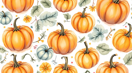 A seamless pattern with watercolor pumpkins and leaves