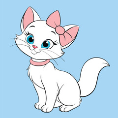 A charming white kitten with a pink bow is sitting gracefully