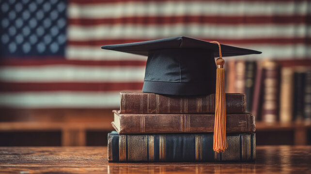 Graduation cap on stacked books with American flag in background.