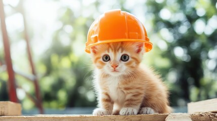 Adorable orange kitten wearing a construction helmet, sitting on wooden planks outdoors with blurred nature background, capturing a whimsical and playful spirit of safety and fun.