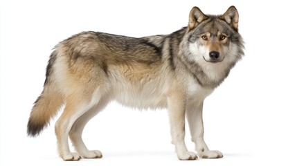 Fototapeta premium Majestic wolf standing proudly on a pure white background highlighting its imposing features and striking presence