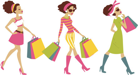 Shopping Girls. a stylish vector illustration of three fashionable young women shopping. Each woman should have a distinct outfit and pose, holding multiple colorful shopping bags.