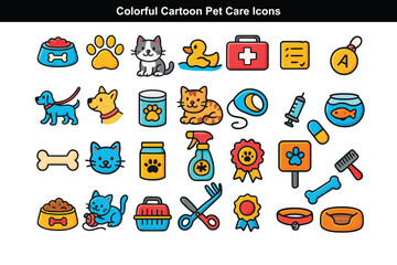 Colorful Cartoon Pet Care Icons for Kids and Education